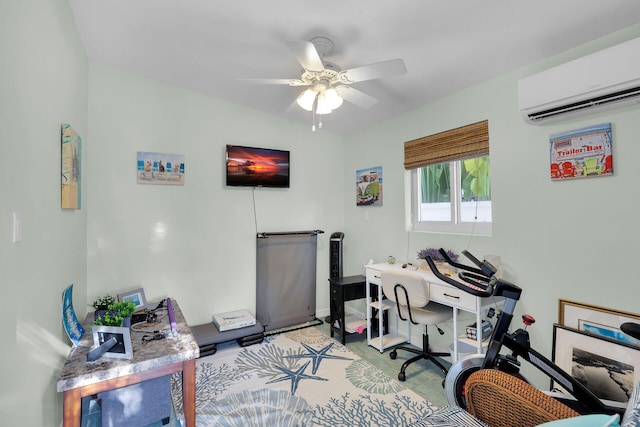 office featuring baseboards, wood finished floors, ceiling fan, and an AC wall unit