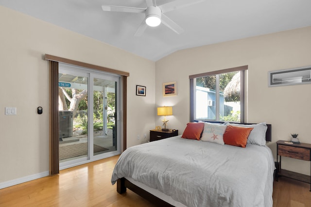 bedroom with lofted ceiling, baseboards, light wood finished floors, ceiling fan, and access to exterior