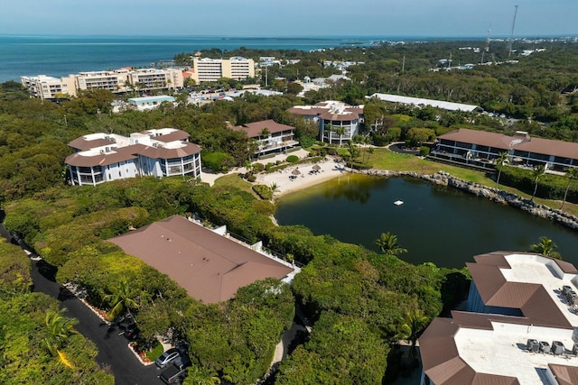 drone / aerial view with a water view