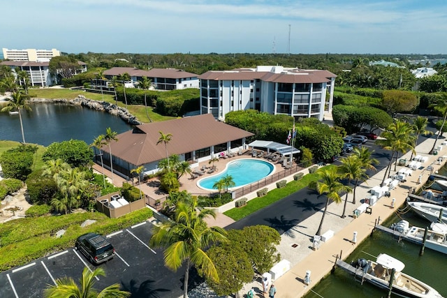 drone / aerial view with a water view