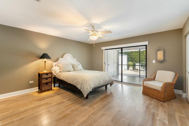 bedroom featuring access to outside, light wood-style floors, baseboards, and ceiling fan