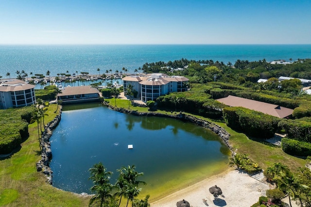 bird's eye view with a water view