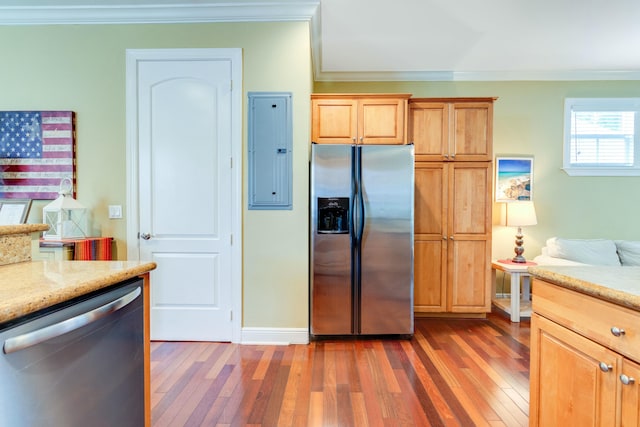 kitchen with crown molding, appliances with stainless steel finishes, dark wood-type flooring, and electric panel