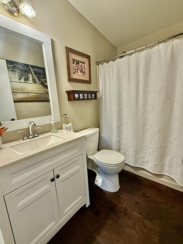 bathroom featuring wood-type flooring, vaulted ceiling, vanity, and toilet