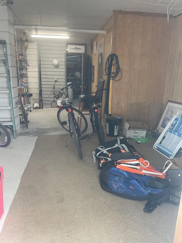 garage featuring wooden walls