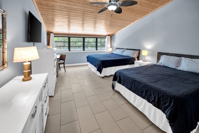 bedroom featuring wood ceiling, light tile patterned floors, and baseboards