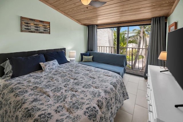bedroom featuring wood ceiling, access to exterior, lofted ceiling, and light tile patterned floors