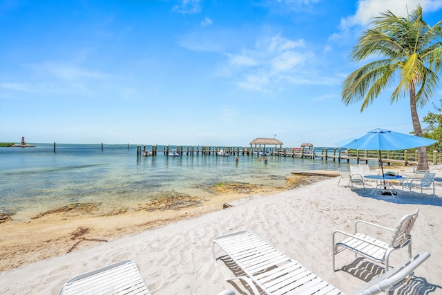 dock area with view of water and beach