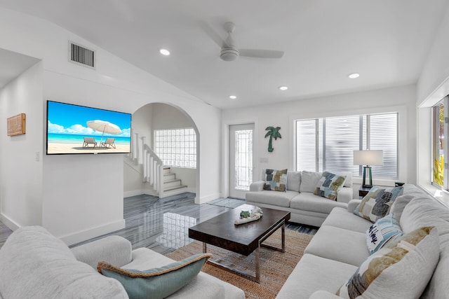 1519 Johnson St, Key West, FL 33040 - living room featuring ceiling fan, wood-type flooring, and vaulted ceiling