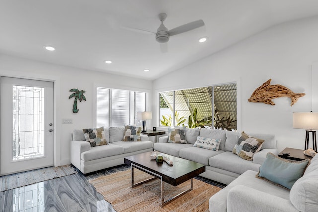 1519 Johnson St, Key West, FL 33040 - living room featuring lofted ceiling, light hardwood / wood-style flooring, and ceiling fan