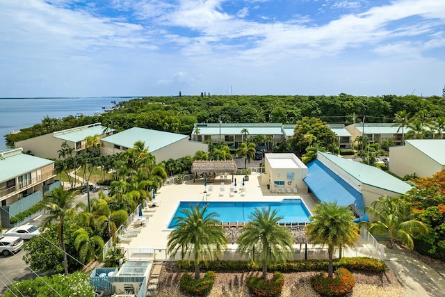 drone / aerial view featuring a water view