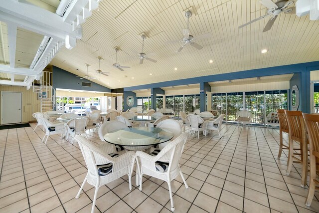 dining area featuring light tile patterned floors, vaulted ceiling, wooden ceiling, and recessed lighting