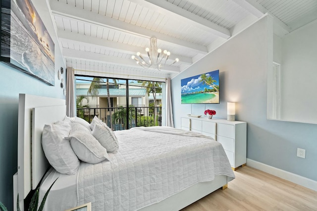 bedroom with a chandelier, vaulted ceiling with beams, light wood-type flooring, and baseboards