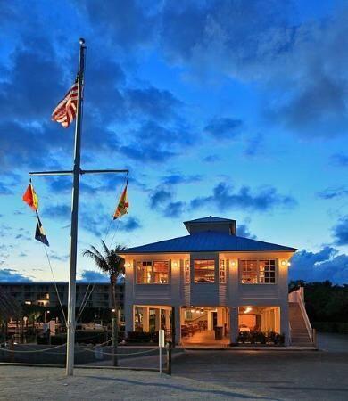 view of outdoor building at dusk