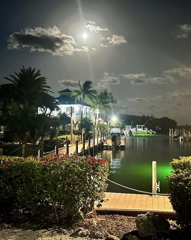 exterior space featuring a water view and a dock