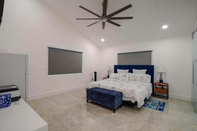 bedroom featuring ceiling fan and vaulted ceiling