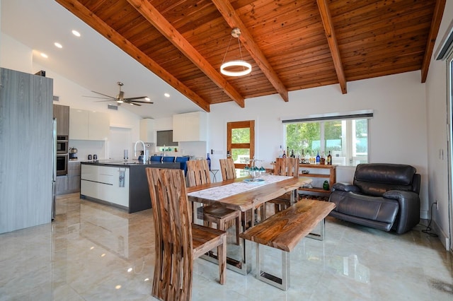 dining space featuring high vaulted ceiling, beamed ceiling, sink, ceiling fan, and wooden ceiling