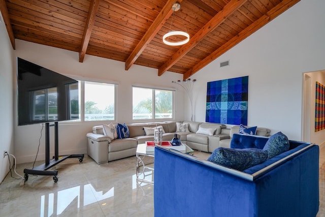 living room with beamed ceiling, wooden ceiling, and high vaulted ceiling