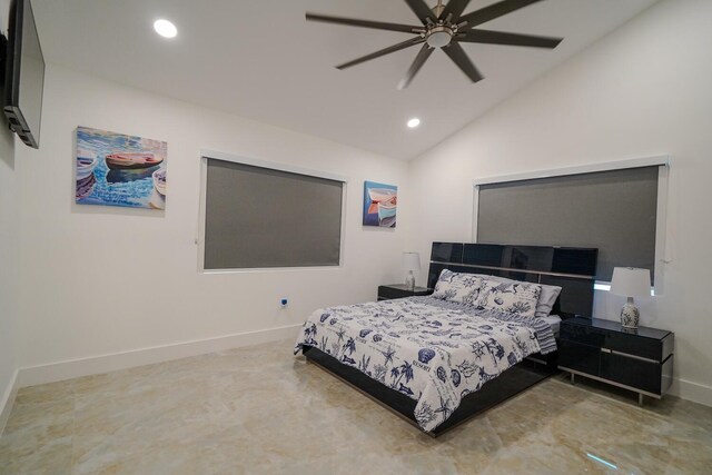 bedroom featuring lofted ceiling and ceiling fan