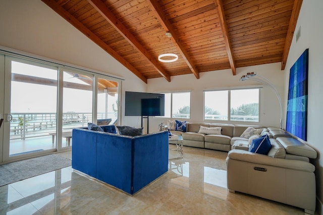 living room featuring beamed ceiling, a healthy amount of sunlight, high vaulted ceiling, and wooden ceiling