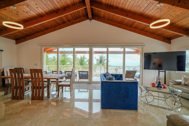 living room featuring lofted ceiling with beams and wooden ceiling