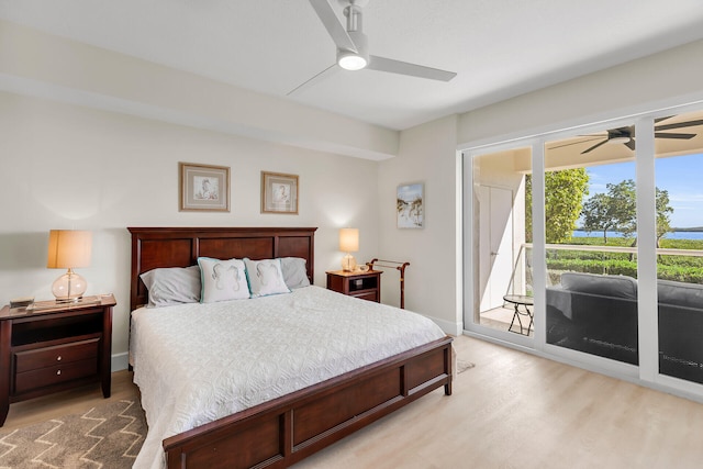 bedroom featuring access to outside, ceiling fan, and light hardwood / wood-style flooring