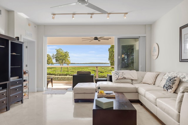 living room with ceiling fan