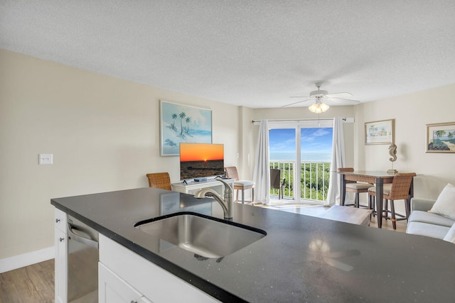 kitchen featuring sink, white cabinetry, a textured ceiling, light wood-type flooring, and stainless steel dishwasher