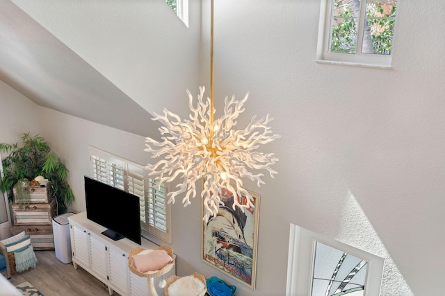 room details featuring a notable chandelier and wood finished floors