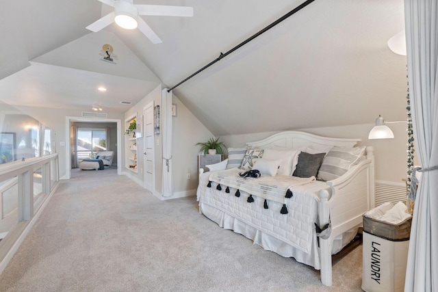 carpeted bedroom featuring a ceiling fan, baseboards, vaulted ceiling, and visible vents
