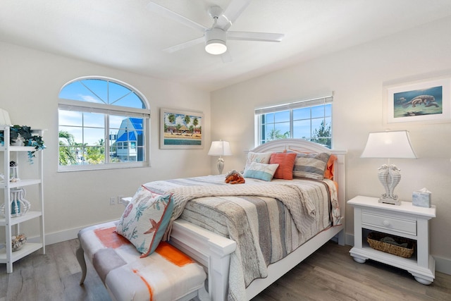 bedroom featuring a ceiling fan, wood finished floors, and multiple windows