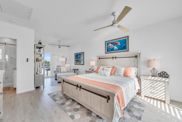 bedroom with access to exterior, ceiling fan, and light hardwood / wood-style flooring