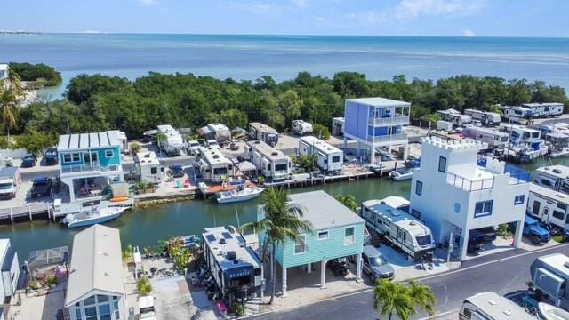 bird's eye view with a water view