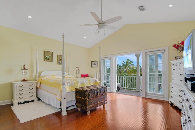 bedroom featuring dark wood-type flooring, ceiling fan, lofted ceiling, and access to outside