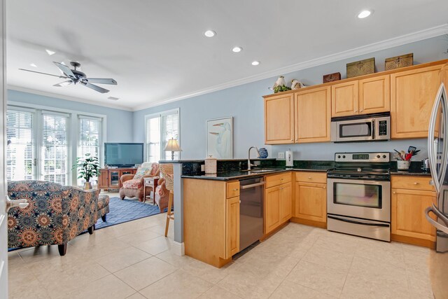 kitchen with sink, crown molding, appliances with stainless steel finishes, kitchen peninsula, and dark stone counters