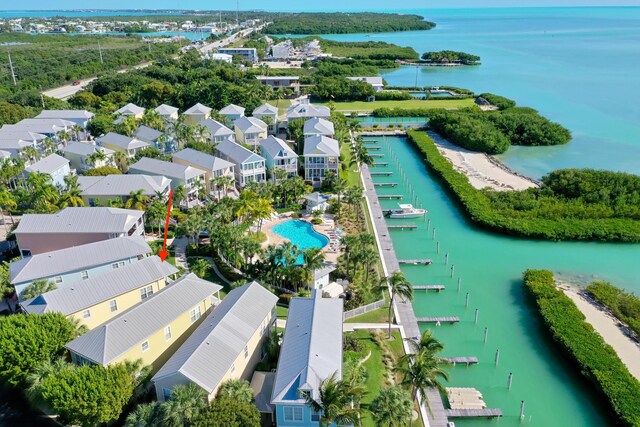 drone / aerial view featuring a water view