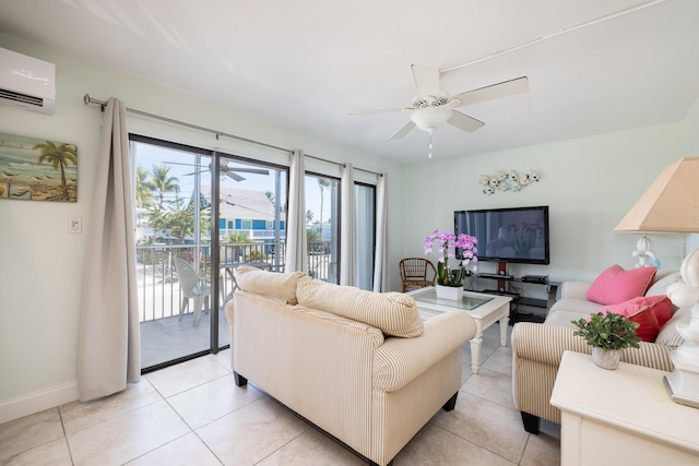 tiled living room featuring an AC wall unit and ceiling fan