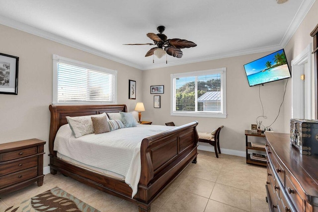 bedroom with baseboards, light tile patterned floors, multiple windows, and crown molding