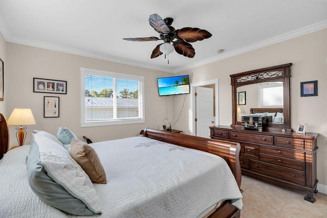 bedroom with light tile patterned floors, multiple windows, a ceiling fan, and crown molding