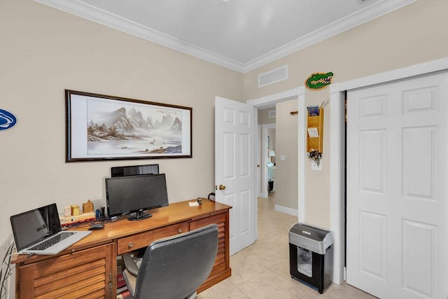 office space featuring light tile patterned floors, visible vents, and crown molding