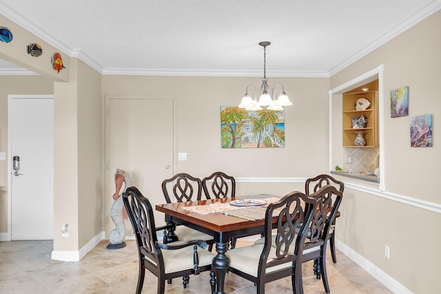 dining area with ornamental molding, a chandelier, built in features, and a textured ceiling