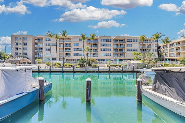 view of pool featuring a dock