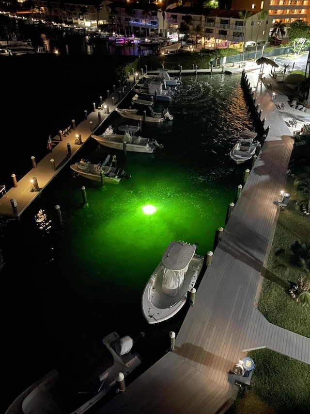 exterior space with a water view and a boat dock