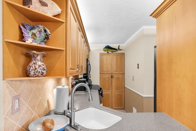 interior space featuring sink, decorative backsplash, ornamental molding, and a textured ceiling