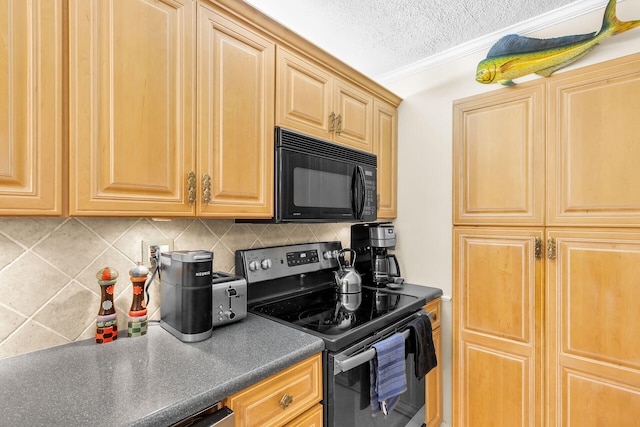 kitchen featuring electric stove, crown molding, a textured ceiling, and backsplash