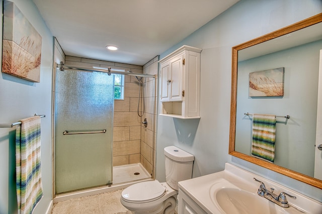 bathroom with toilet, a stall shower, and vanity