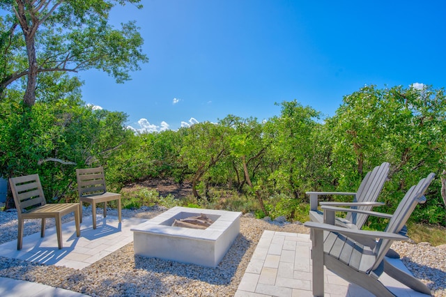 view of patio / terrace featuring a fire pit