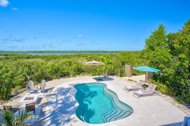 view of pool with a fire pit and a patio area