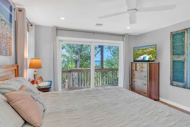 bedroom featuring ceiling fan and access to outside