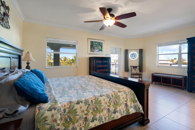 tiled bedroom with crown molding and ceiling fan